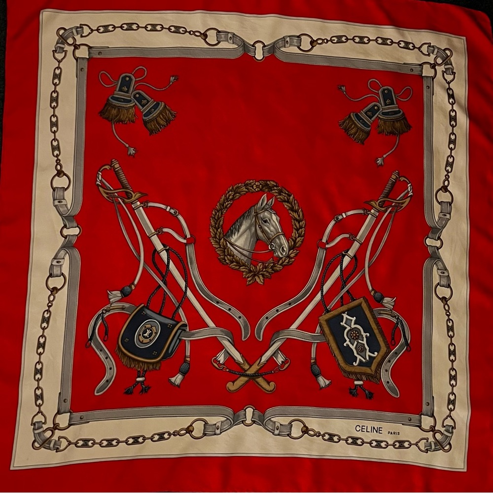 Celine Scarf. 100% Silk, Hand Rolled. Made in Italy. Equestrian Motif.